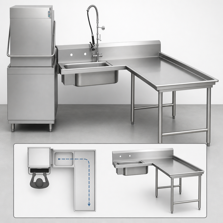 Product image #3 for Advance Tabco L-Shaped Island Soil Dishtable with Right-Hand Pre-Rinse Sink, 59 Inch, 304 Stainless Steel