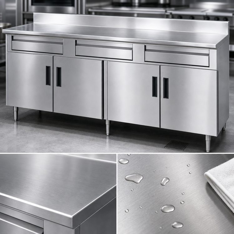Product image #3 for Advance Tabco 72-Inch Stainless Steel Enclosed Work Table with Storage Cabinet Base, 14-Gauge 304 Top, 5-Inch Backsplash, 2 Drawers, and 4 Hinged Doors
