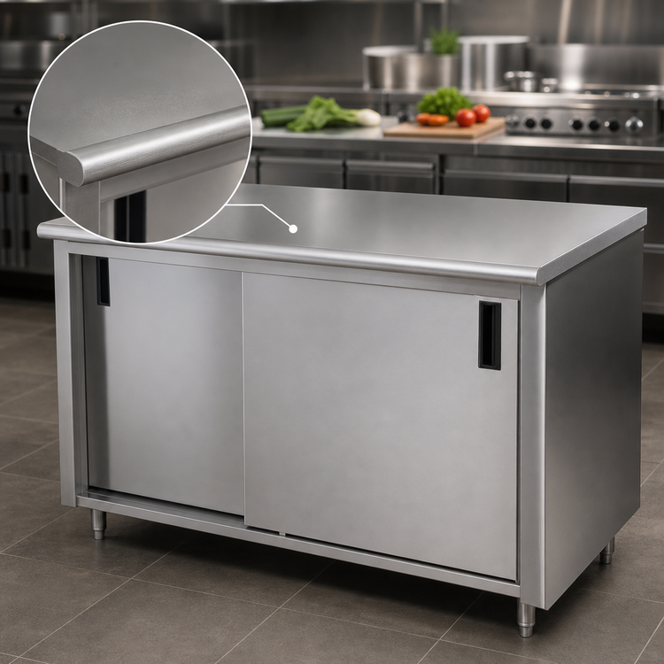 Product image #3 for Advance Tabco 60 Inch x 36 Inch Enclosed Work Table with Cabinet Base, Mid-Shelf, Sliding Doors, and 14-Gauge 304 Stainless Steel Flat Top