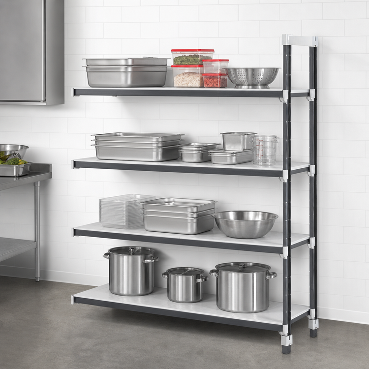 Product image #3 for Cambro Camshelving Elements XTRA 4-Tier Solid Stationary Add-On Polymer Shelving Unit, 24 x 42 x 72 Inches, Speckled Gray