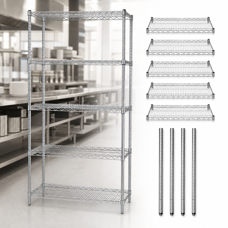 Product image #3 for Quantum Stationary Wire Shelving Starter Kit, 30 in. W x 14 in. D x 74 in. H, Chrome Plated, 5 Shelves