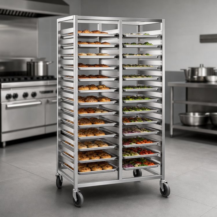 Product image #3 for Double-Compartment Mobile Tray Rack for 18 x 26 Inch Trays, Front Loading, 48-Tray Capacity, Open Frame, Stainless Steel