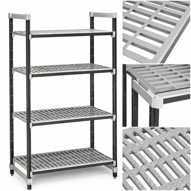 Product image #3 for Cambro Camshelving Elements XTRA 24"W x 72"L x 84"H 4-Tier Vented Stationary Starter Polymer Shelving Unit, Speckled Gray