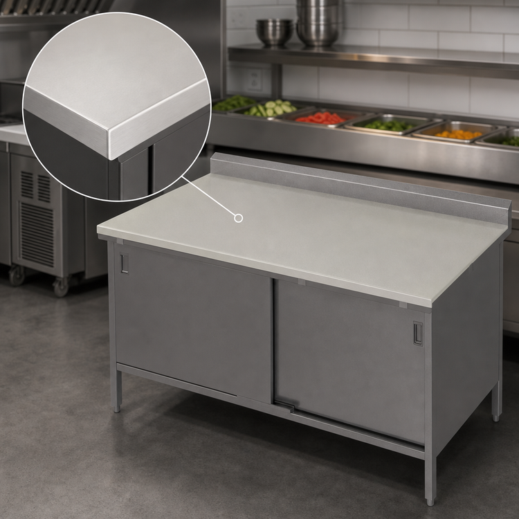 Product image #3 for Poly Top Work Table with Stainless Steel Cabinet Base and Sliding Doors, 48 x 30 Inch, 5 Inch Backsplash