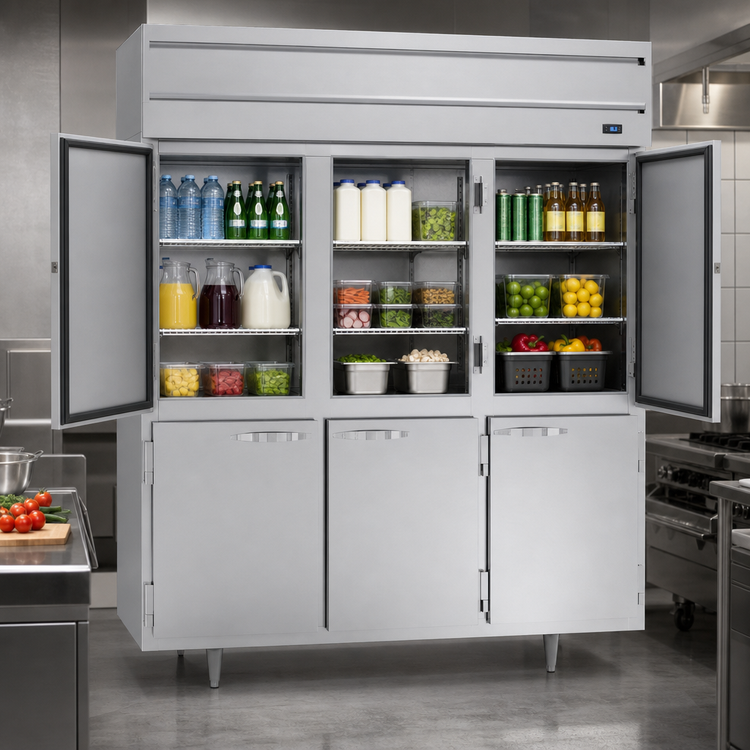 Product image #3 for Beverage Air P-Series Three-Section Reach-In Refrigerator with Lockable Solid Half Doors, 68.34 Cu. Ft., Top-Mounted Self-Contained Refrigeration