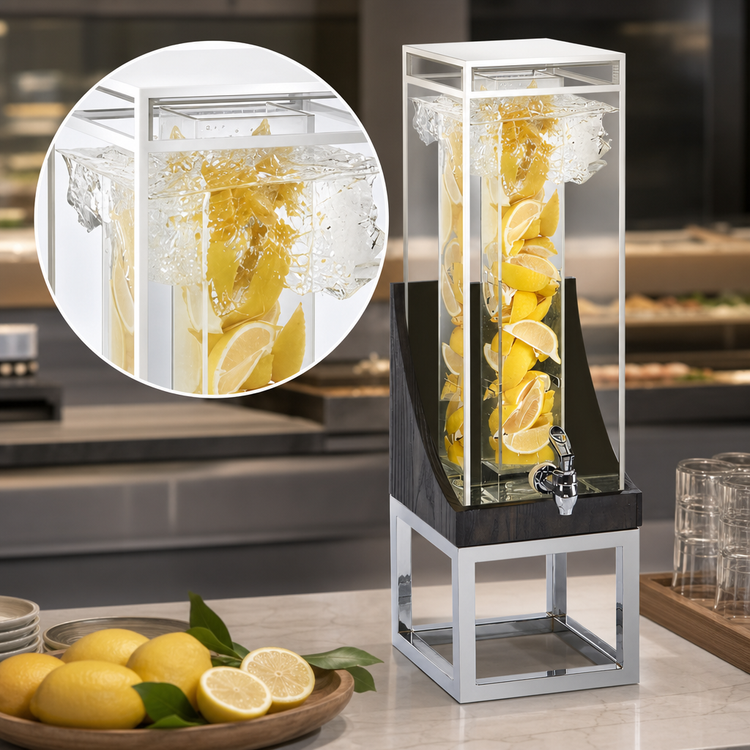 Product image #4 for Cal-Mil Cinderwood 3-Gallon Square Beverage Dispenser with Ice Chamber and Drip Tray
