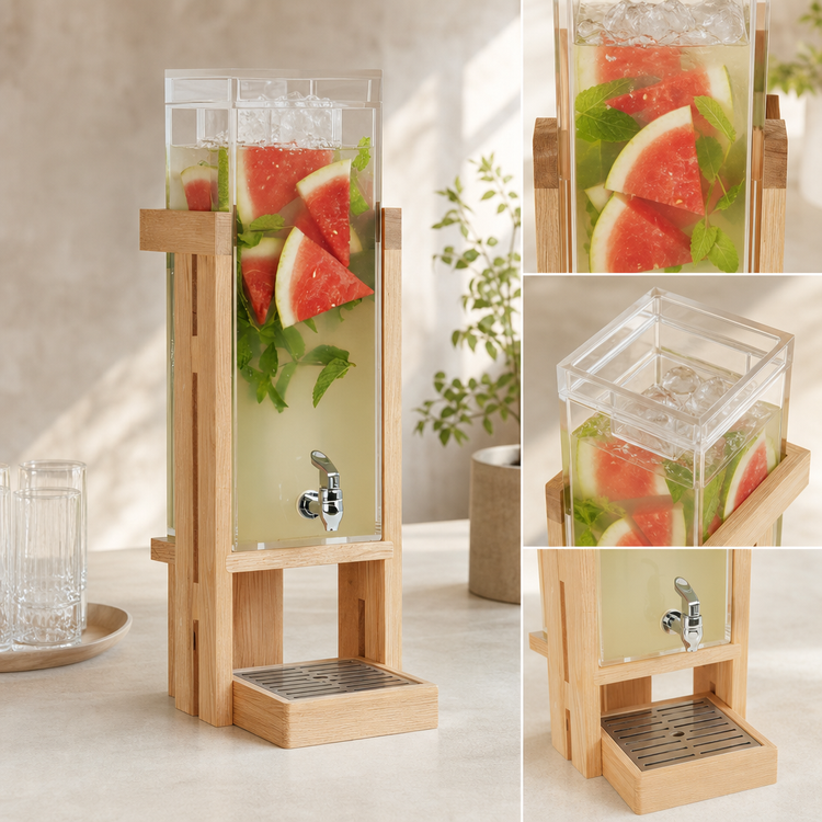 Product image #4 for Cal-Mil Sydney Single Acrylic Beverage Dispenser with Ice Chamber and Drip Tray, 3 Gallon, Oak