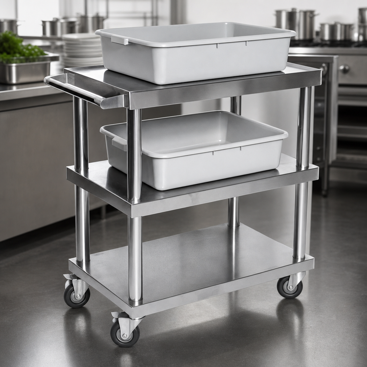 Product image #3 for Klinger's Trading Open Utility Bus Cart, 3 Bus Tray Capacity, 430 Stainless Steel