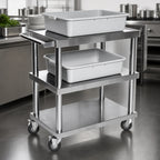 Thumbnail image #3 for Klinger's Trading CS3SM-CART Open Utility Bus Cart, 3-Tray, 430 Stainless Steel, 250 lb. Capacity, 26-1/2"W x 16-1/2"D x 32-1/2"H