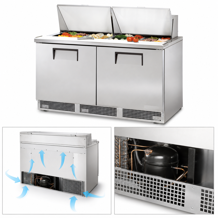 Product image #3 for True 64 1/8-Inch 2-Section Sandwich/Salad Prep Table with Insulated Hood, 24-Pan Top, and Rear-Mounted Self-Contained Refrigeration