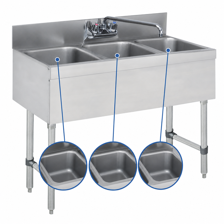 Product image #3 for Advance Tabco Special Value Series 3-Compartment Underbar Sink Unit with 10-Inch Splash-Mount Faucet, 36 x 18 x 33 Inches