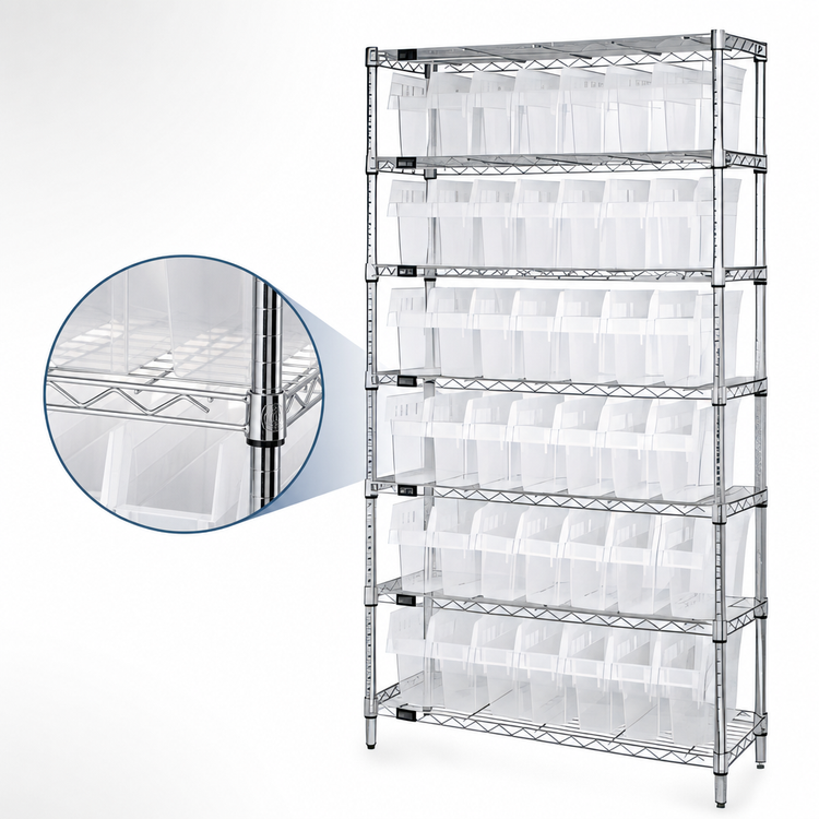 Product image #3 for Quantum WR8-803CL 36" W x 18" D x 74" H Chrome Plated Bin Wire Shelving System with 8 Shelves and 49 Clear Bins