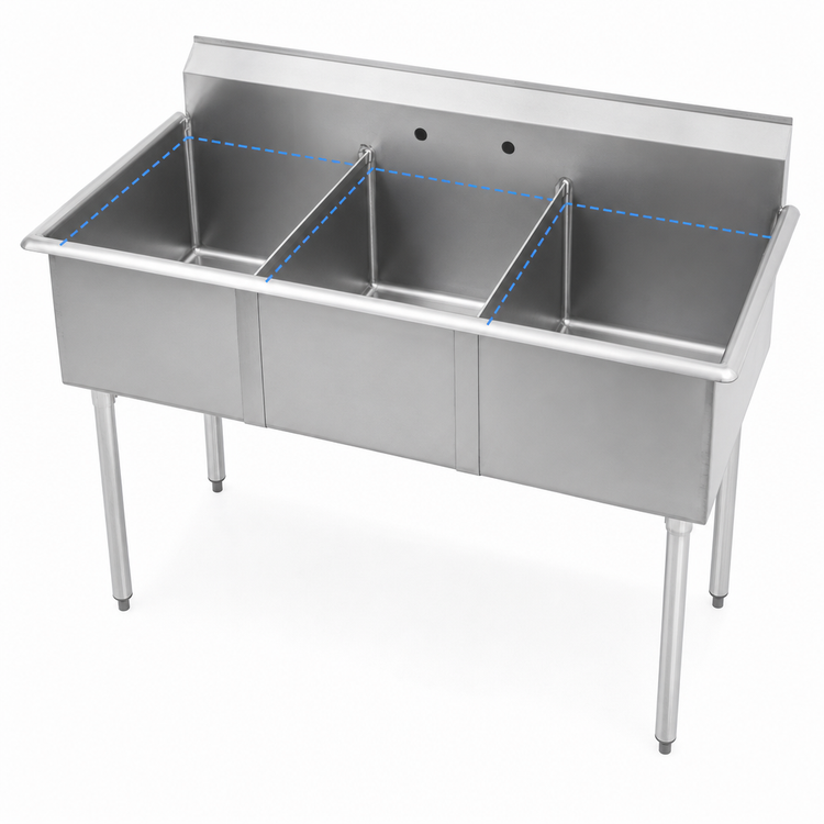 Product image #3 for Sapphire 36-Inch Three-Compartment Budget Sink, 18-Gauge 430 Stainless Steel