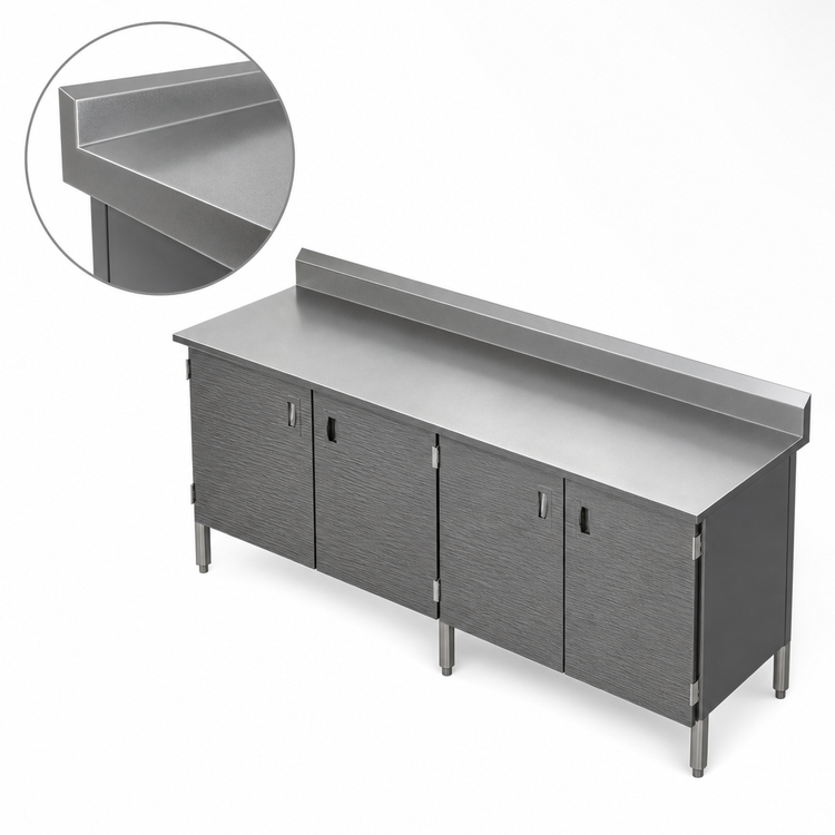 Product image #3 for John Boos Enclosed Base Work Table with Hinged Doors, 108 x 24 Inches, 16-Gauge Stainless Steel Top, 5-Inch Backsplash