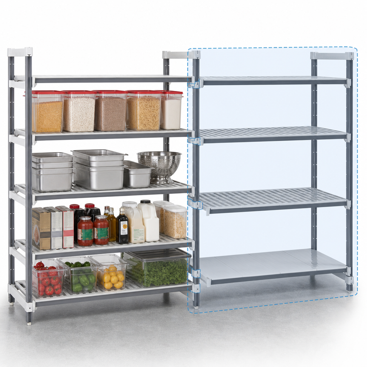 Product image #3 for Cambro Camshelving Elements XTRA 4-Shelf Stationary Add-On Polymer Shelving Unit, 18 x 54 x 84 Inches, Vented/Solid, Speckled Gray