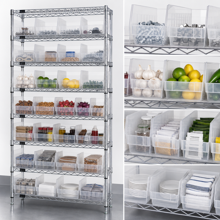 Product image #3 for Quantum Stationary Bin Wire Shelving System with 32 Clear Bins, 36 x 24 x 74 Inches, Chrome Plated