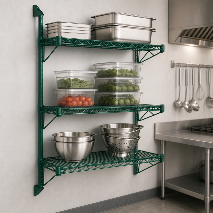 Product image #3 for Quantum Wall-Mounted Cantilever Wire Shelf Starter Unit, 54-Inch Posts, Green Epoxy Antimicrobial Finish