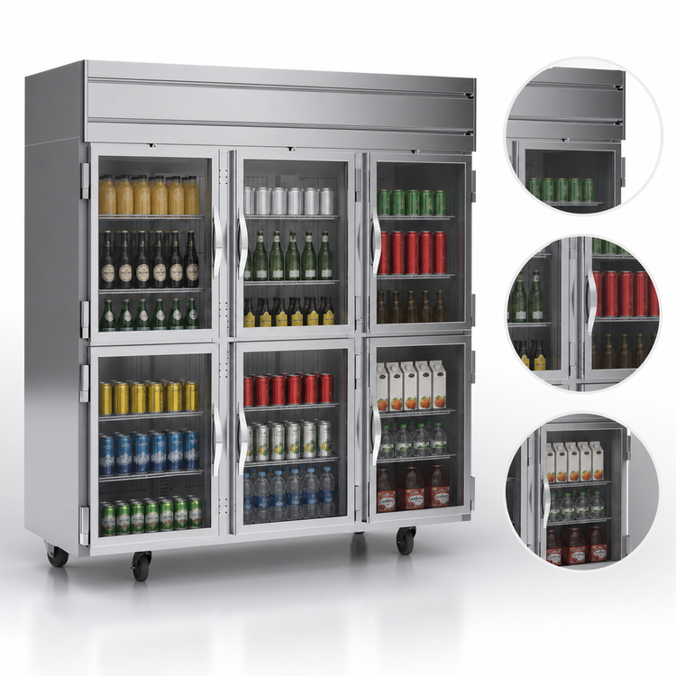 Product image #3 for Beverage Air Horizon Series 3-Section Half-Glass Door Reach-In Refrigerator, Top-Mounted Self-Contained, 71.52 Cu. Ft.