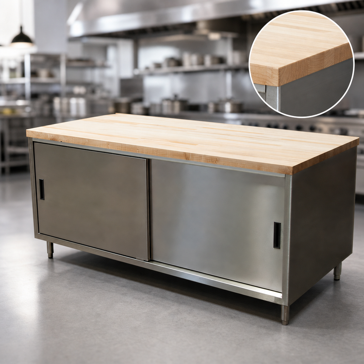 Product image #3 for BK Resources 72-Inch Hard Maple Top Chef Table with Stainless Steel Sliding Door Cabinet Base