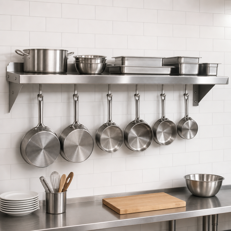 Product image #3 for John Boos Stallion 84-Inch Wall-Mounted Stainless Steel Pot Rack Shelf with 7 Hooks