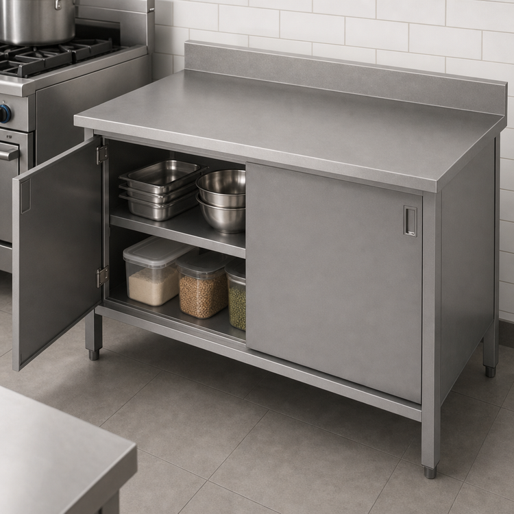 Product image #3 for Enclosed Stainless Steel Work Table with Cabinet Base, Hinged Doors, and 5-Inch Backsplash, 144 x 24 Inches