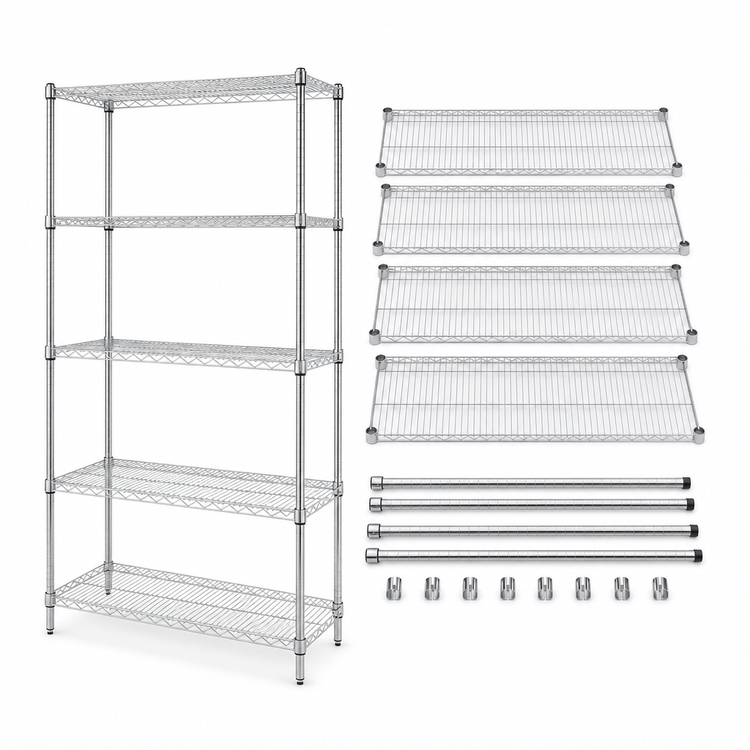 Product image #3 for Quantum Stationary Wire Shelving Starter Kit, 42 Inch W x 24 Inch D x 74 Inch H, 5 Shelves, 304 Stainless Steel