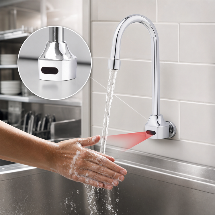 Product image #3 for Chekpoint Chrome Wall-Mount Electronic Faucet with Gooseneck Spout, ASSE 1070 TMV, and 1.0 GPM Aerator