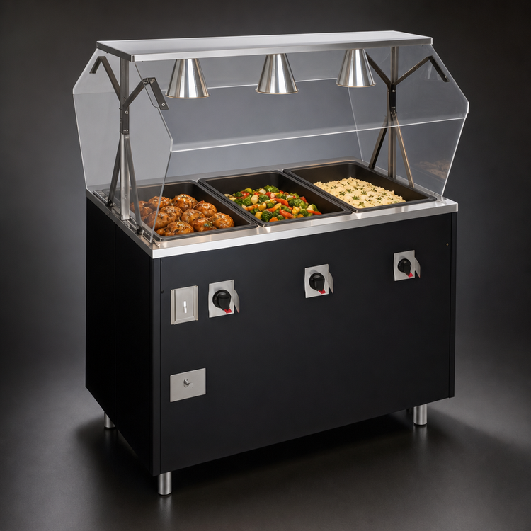 Product image #3 for Vollrath 2-Series Affordable Portable 46-Inch 3-Well Electric Mobile Hot Food Station with Lit Buffet Breath Guard and Enclosed Storage Base