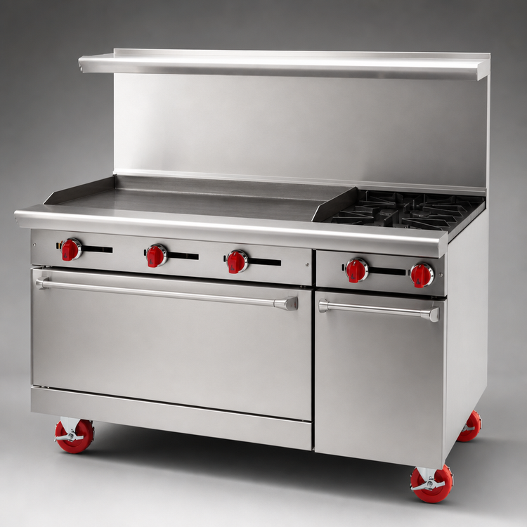 Product image #3 for American Range 60-Inch Gas Restaurant Range with 48-Inch Griddle, 2 Open Burners, Standard Oven, and Storage Base