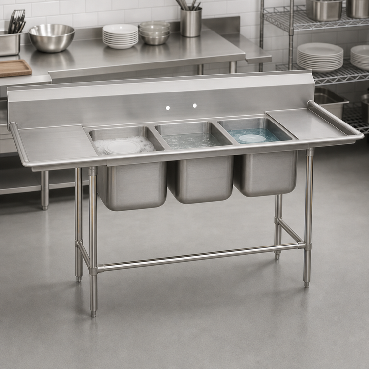 Product image #3 for Advance Tabco Regaline Three-Compartment Sink with Left and Right-Hand Drainboards, 24" x 24" Bowls, 14-Gauge 304 Stainless Steel