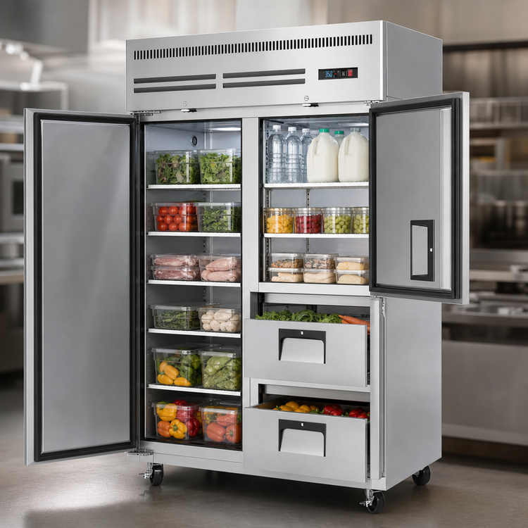 Product image #3 for Everest Refrigeration Two-Section Reach-In Refrigerator with Solid Door, Half-Door, and Drawers, 48 Cu. Ft., Top-Mounted Self-Contained