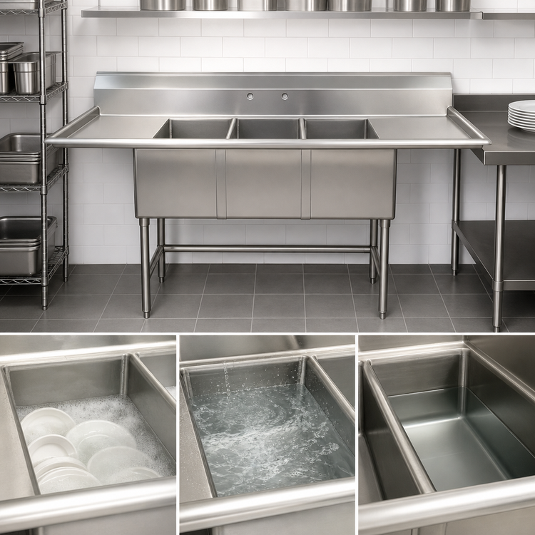 Product image #3 for Advance Tabco Floor Model Fabricated 3-Compartment Sink with 24-Inch Left and Right Drainboards, 16-Gauge 304 Stainless Steel