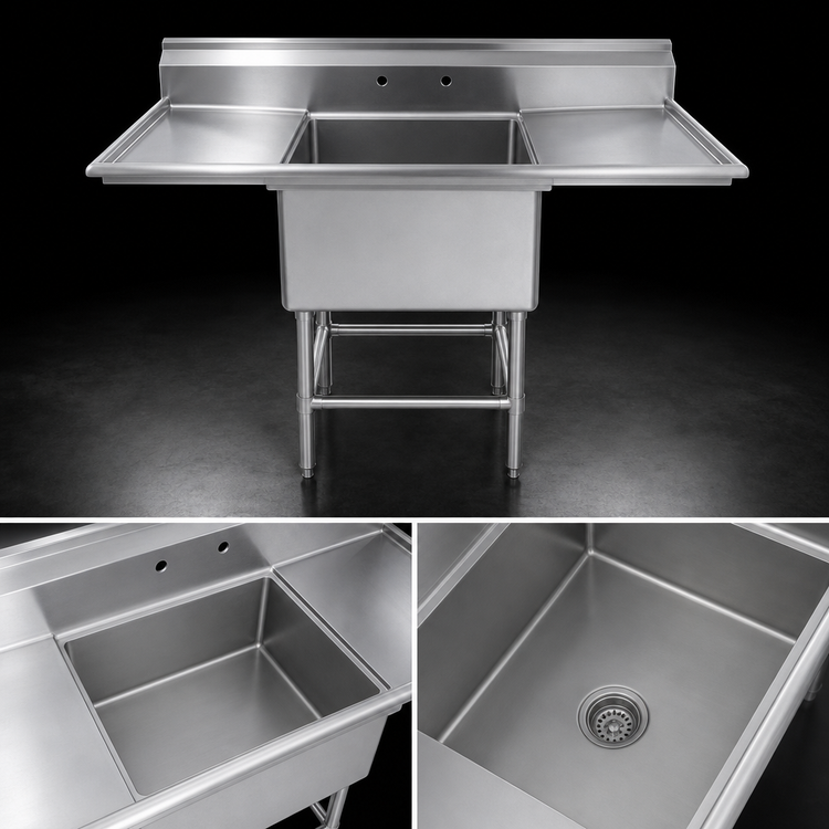 Product image #3 for Eagle Spec-Master One-Compartment Floor Model Stainless Steel Sink with Left and Right Drainboards, 58 Inch Wide