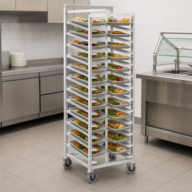 Product image #3 for Channel Manufacturing T447A Mobile Single-Section Trapezoidal Aluminum Cafeteria Tray Rack for 15 x 20 Trays, 24-Tray Capacity