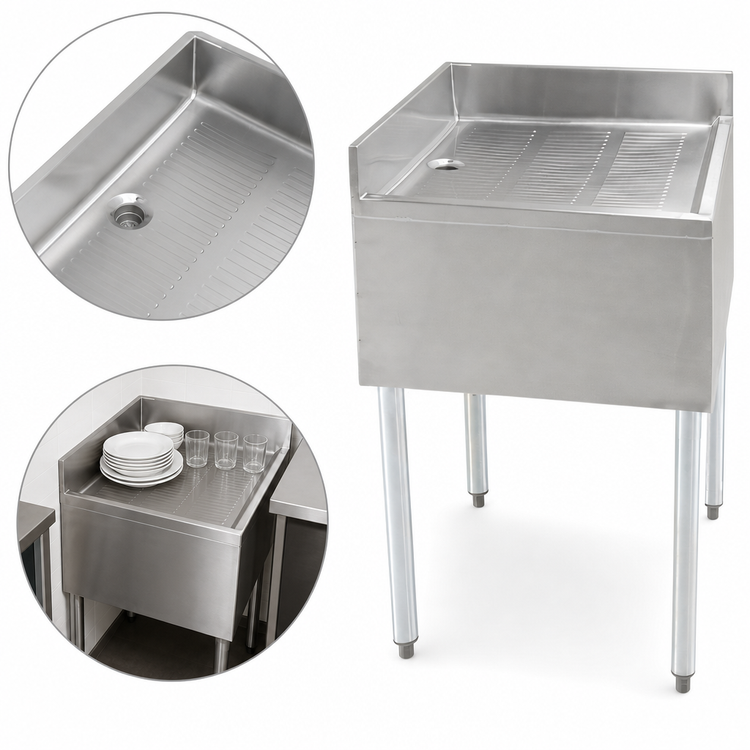 Product image #3 for BK Resources 21 x 21 Inch Freestanding Corner Drainboard with Drain and Stainless Steel Legs