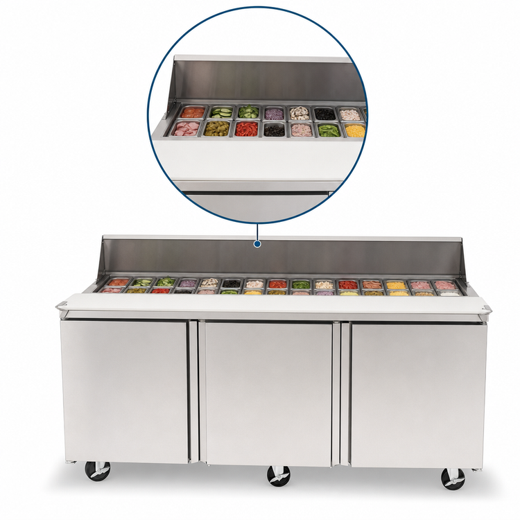 Product image #3 for Delfield Mega Top 72-Inch Three-Section Sandwich/Salad Prep Table Refrigerator with 18-Pan Capacity