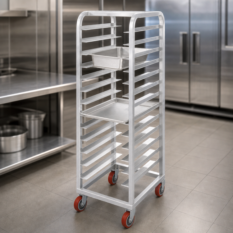 Product image #3 for Lifetime Tough Universal Extra Heavy-Duty Aluminum Steam Table Pan Rack with Casters, 10-Pan Capacity, 21 x 26 x 70 Inches