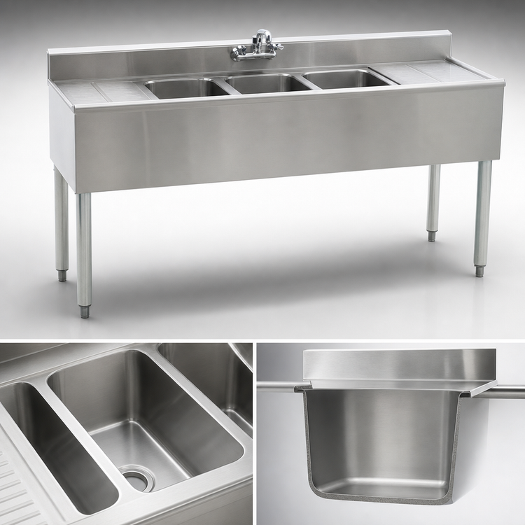 Product image #3 for Eagle Group 1800 Series 3-Compartment Underbar Sink Unit with Dual Drainboards, 84 Inch W x 20 Inch D x 33-1/2 Inch H