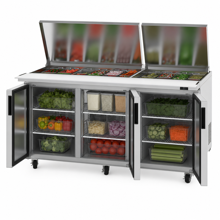 Product image #3 for Turbo Air Super Deluxe Three-Section Sandwich/Salad Mega Top Prep Table with Flat Lids and 30-Pan Opening