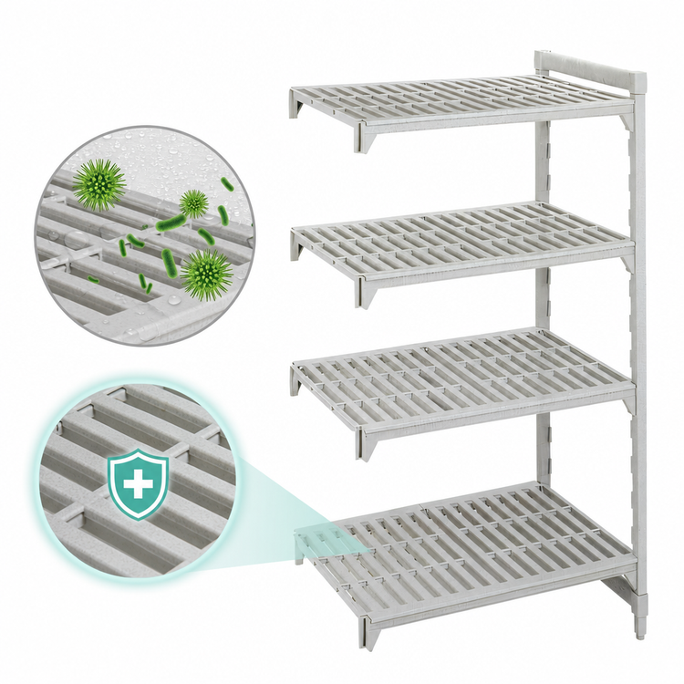 Product image #4 for Cambro Camshelving Premium 21 x 36 x 84 Stationary Add-On Polymer Shelving Unit, 4 Vented Shelves, Speckled Gray