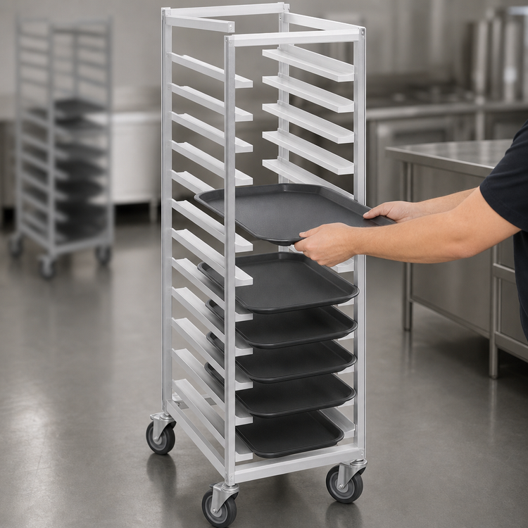 Product image #3 for Channel Manufacturing Trapezoidal Series Aluminum Cafeteria Tray Rack, Single-Section, End-Load, 36-Tray Capacity, 64-Inch Height