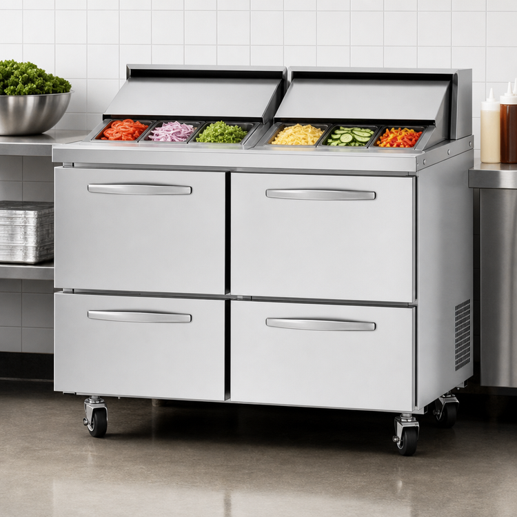 Product image #3 for Turbo Air PRO 48-1/4 Inch Two-Section Sandwich/Salad Prep Table with 4 Drawers and 12-Pan Top