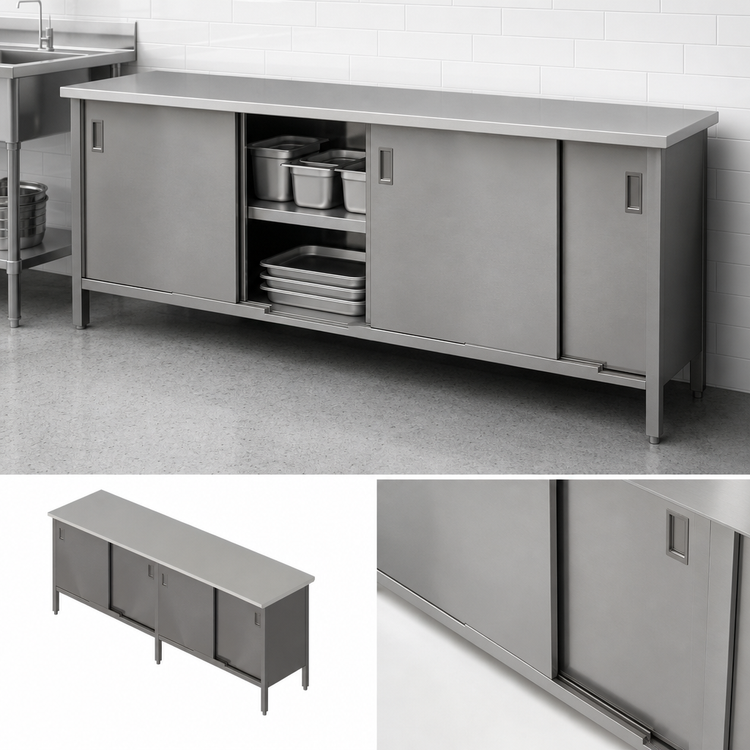 Product image #3 for John Boos Enclosed Cabinet Base Stainless Steel Work Table with Sliding Doors, 132"W x 24"D