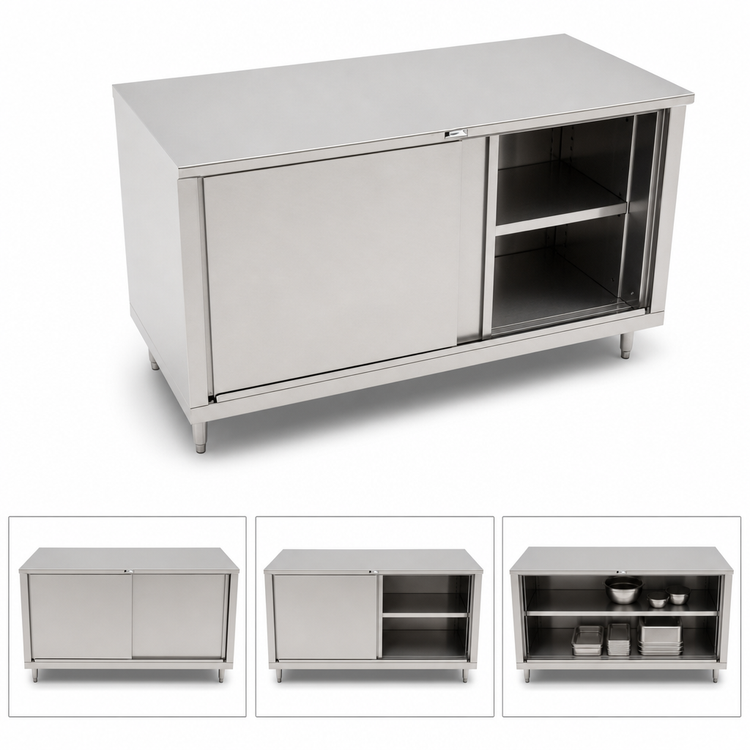 Product image #3 for John Boos 48 Inch x 36 Inch Flat Top Stainless Steel Enclosed Work Table with Cabinet Base and Sliding Doors