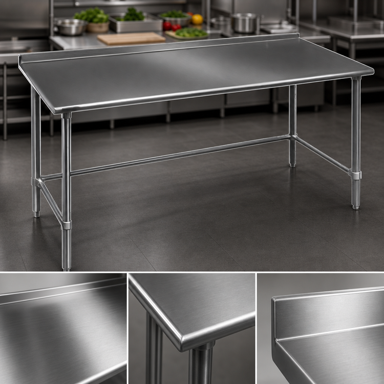 Product image #3 for Eagle Group Budget Series 144-Inch x 30-Inch 430 Stainless Steel Work Table with 1-1/2-Inch Rear Up-Turn and Galvanized Base