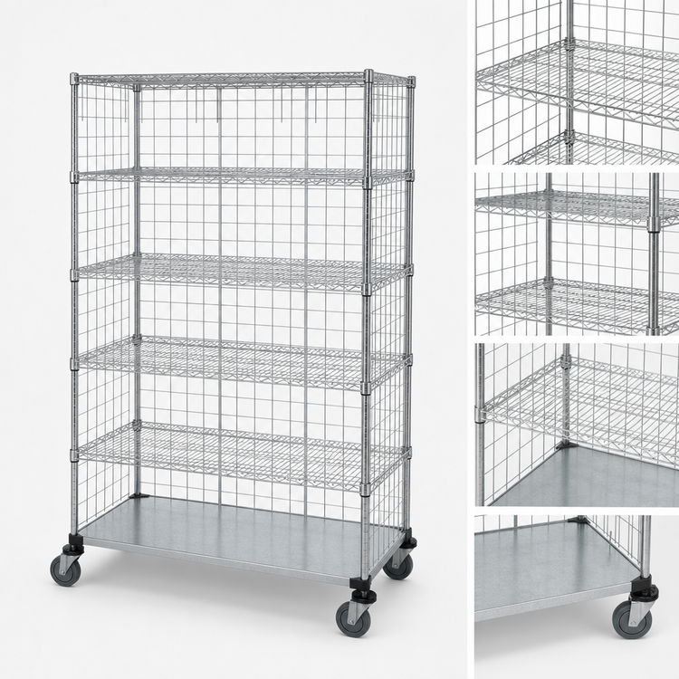 Product image #3 for Quantum 5-Shelf Wire Enclosed Mobile Cart, 48 x 24 x 69 Inches, Chrome Finish