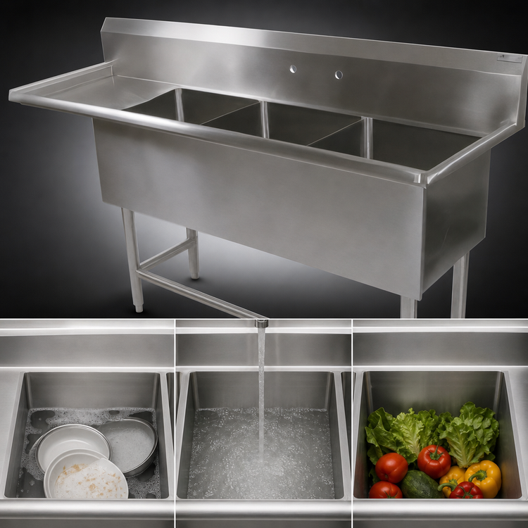 Product image #3 for John Boos Pro-Bowl 3-Compartment Stainless Steel Sink with Left Drainboard and 30 x 24 x 14-Inch Bowls