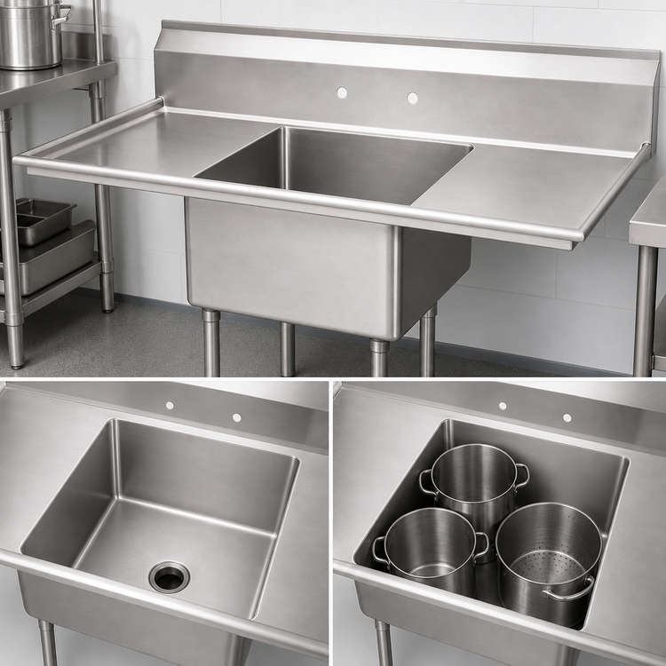 Product image #3 for Omcan USA 1-Compartment Pot Sink with Left and Right Drainboards, 24 x 24 x 14 Inch Bowl, 72 Inch Wide