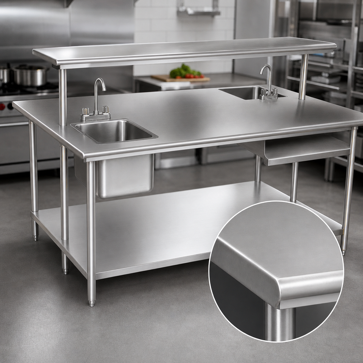 Product image #3 for Advance Tabco 144 x 48-Inch 14-Gauge 304 Stainless Steel Work Table with Open Base and Bullet Feet
