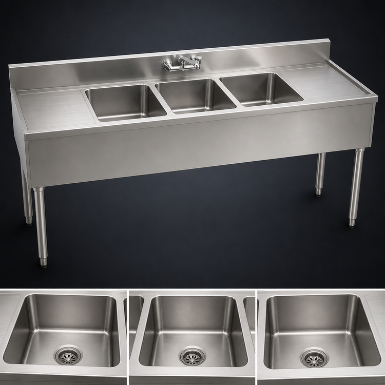 Product image #3 for Eagle Group 1800 Series Three-Compartment Underbar Sink Unit with Left and Right Drainboards, 96 Inch, 304 Stainless Steel